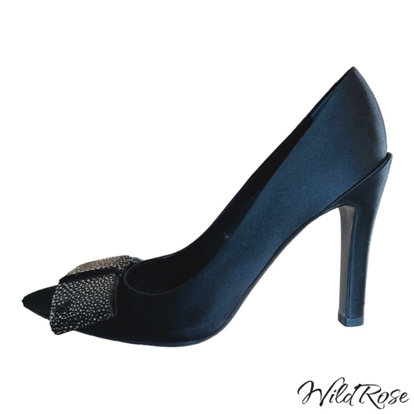 LOUIS VUITTON LIPSTICK PUMPS BLACK SATIN & PEBBLED SILVER LEATHER BOW PUMP 36.5 - Picture 3 of 17